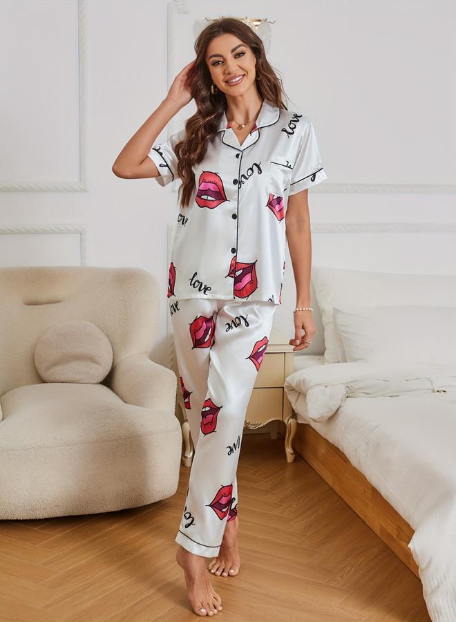 Take Two Women Graphic Print Short Sleeve Shirt and Pyjama Set - Image 2